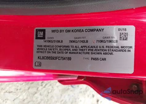 2015 Chevrolet Spark Ls Cvt из США, поврежденный, VIN KL8CB6S93FC754189